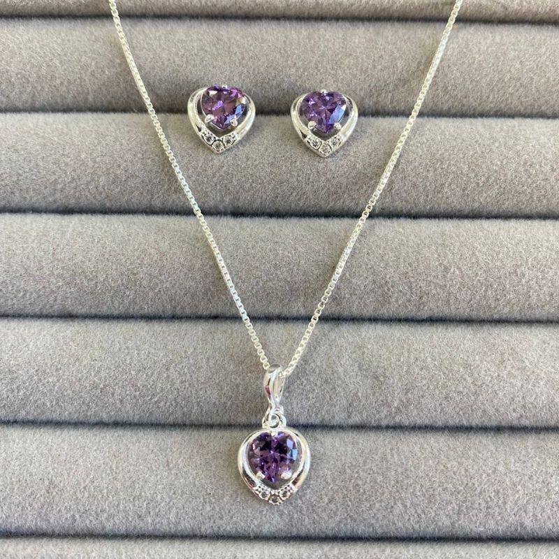 Conjunto Coração Roxo Prata 925