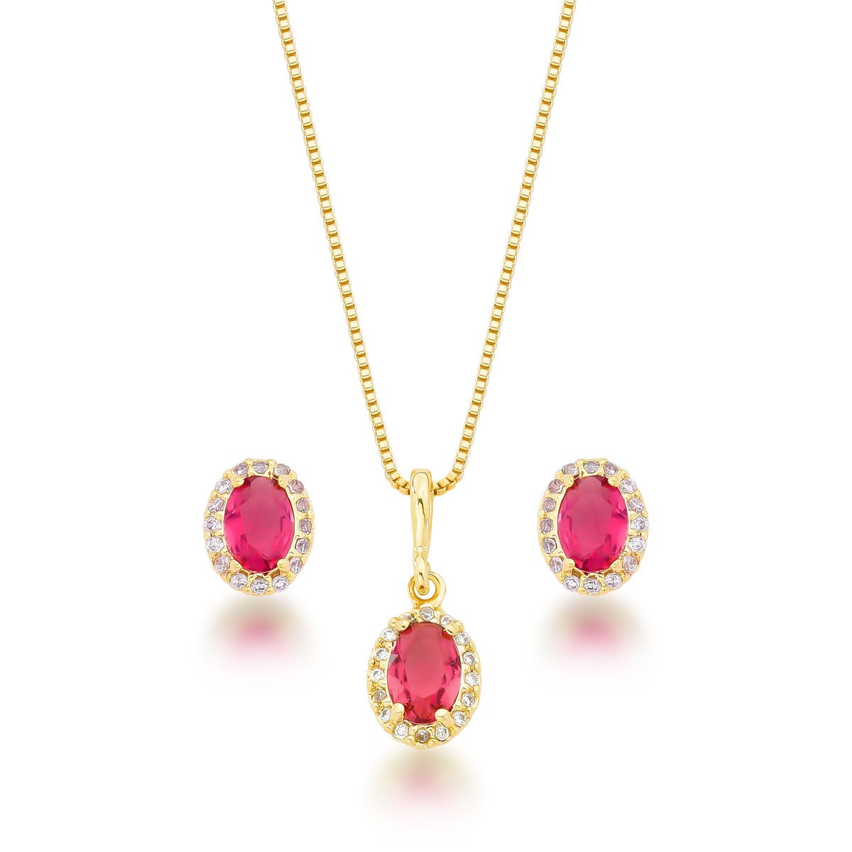 Conjunto Zircônia Rosa Banhado a Ouro 18k