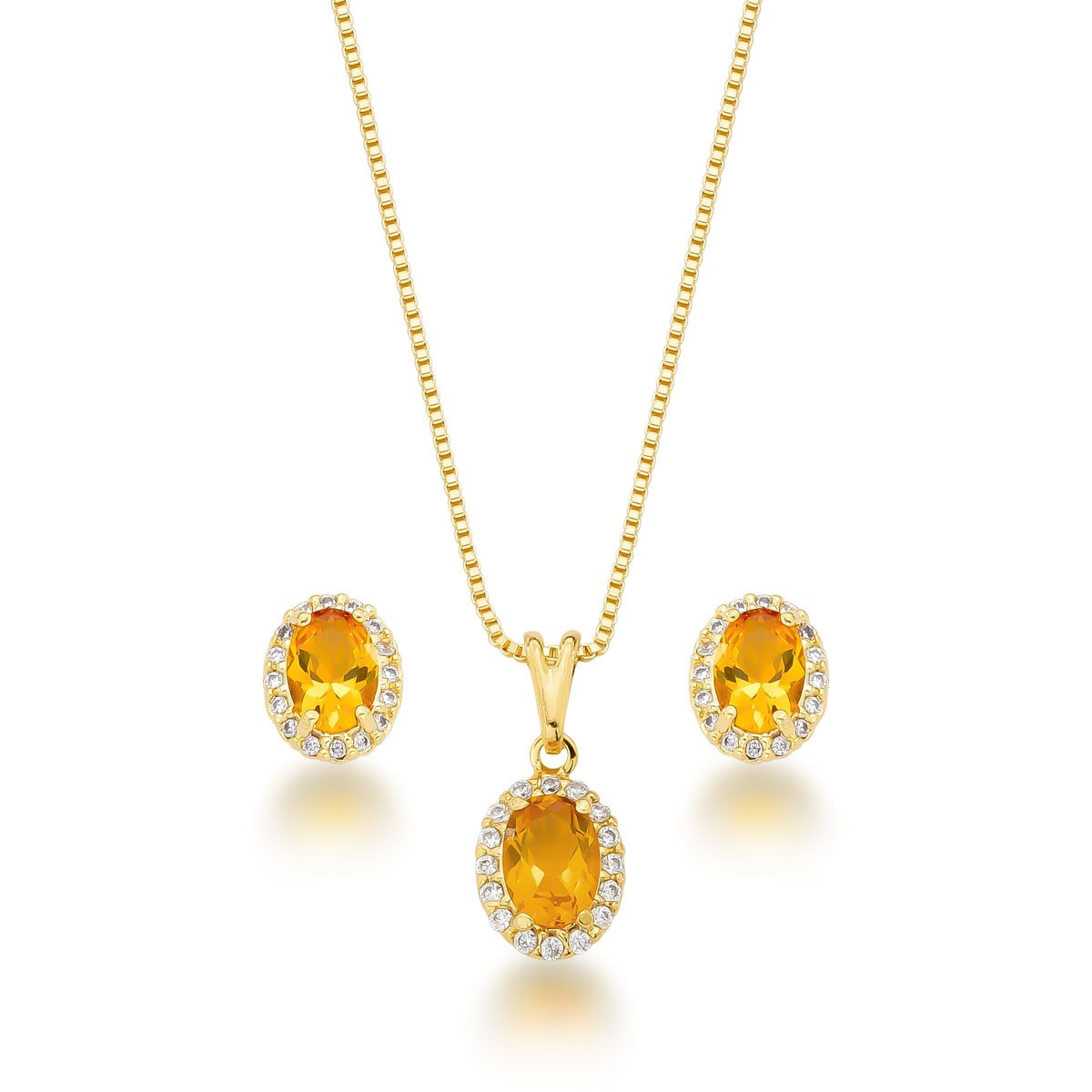 Conjunto Zircônia Cítrino Banhado a Ouro 18k