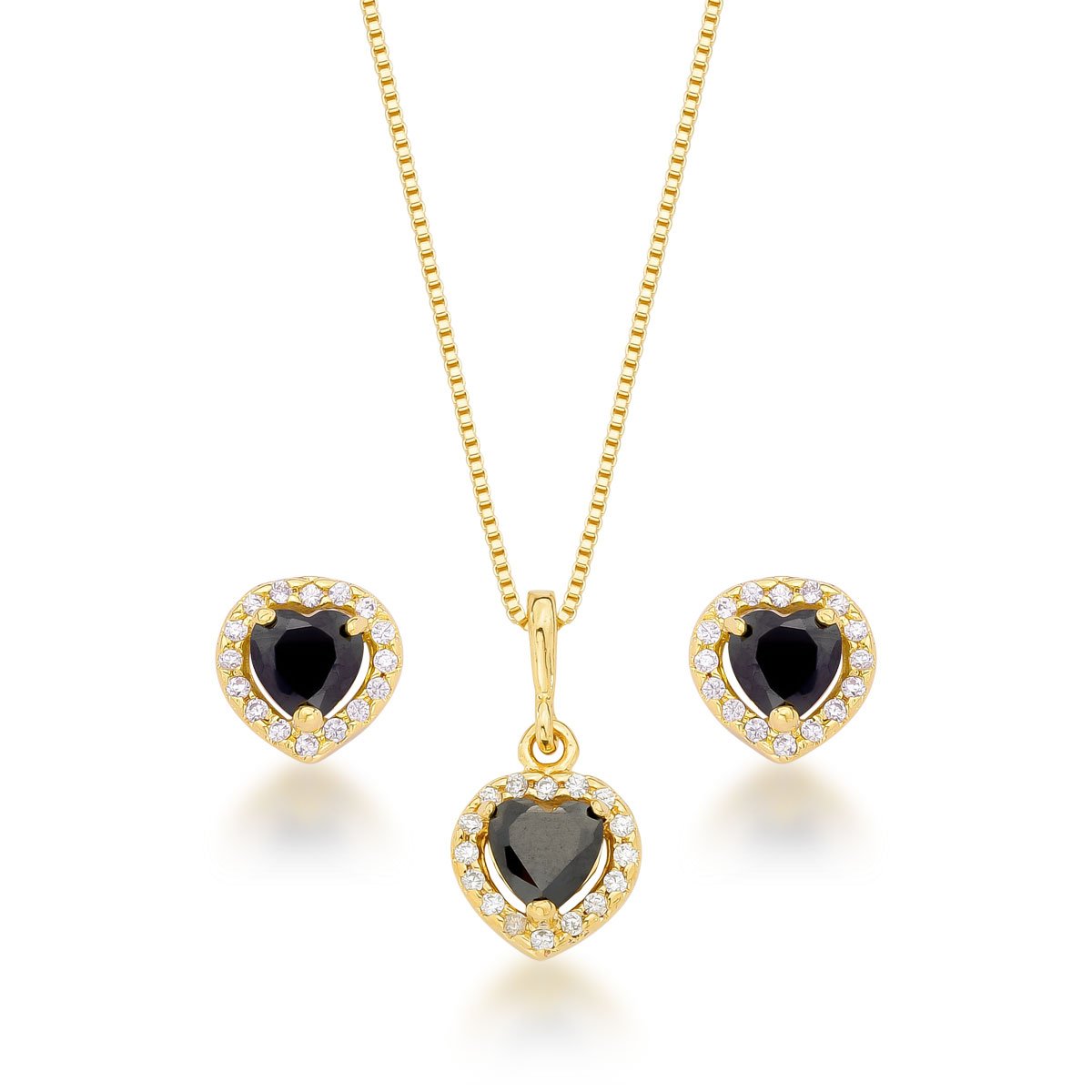 Conjunto Coração Negro Banhado a Ouro 18k