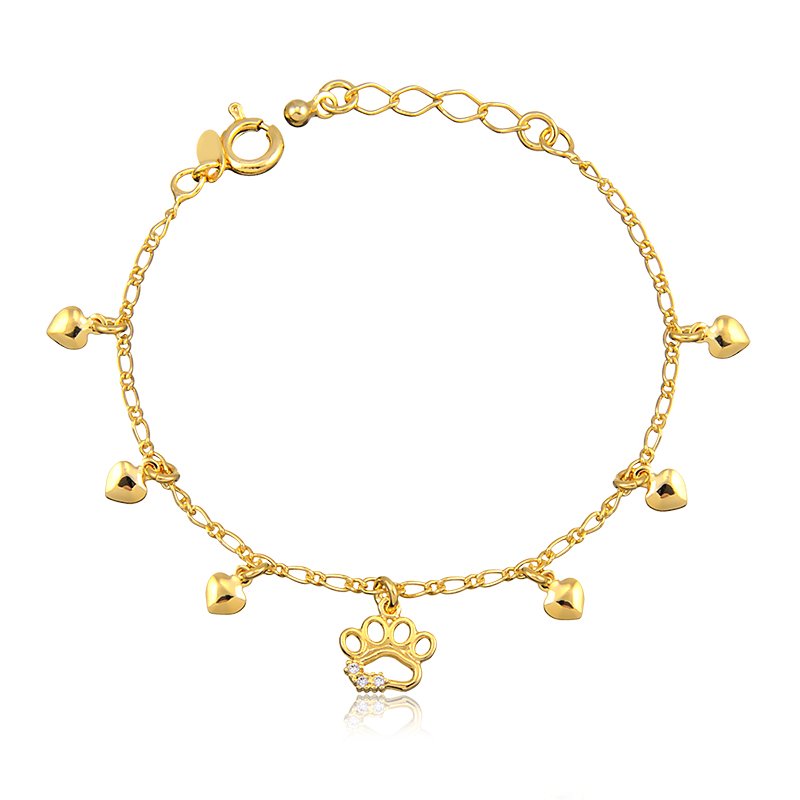 Pulseira Patinha e Corações Banhado a Ouro 18k