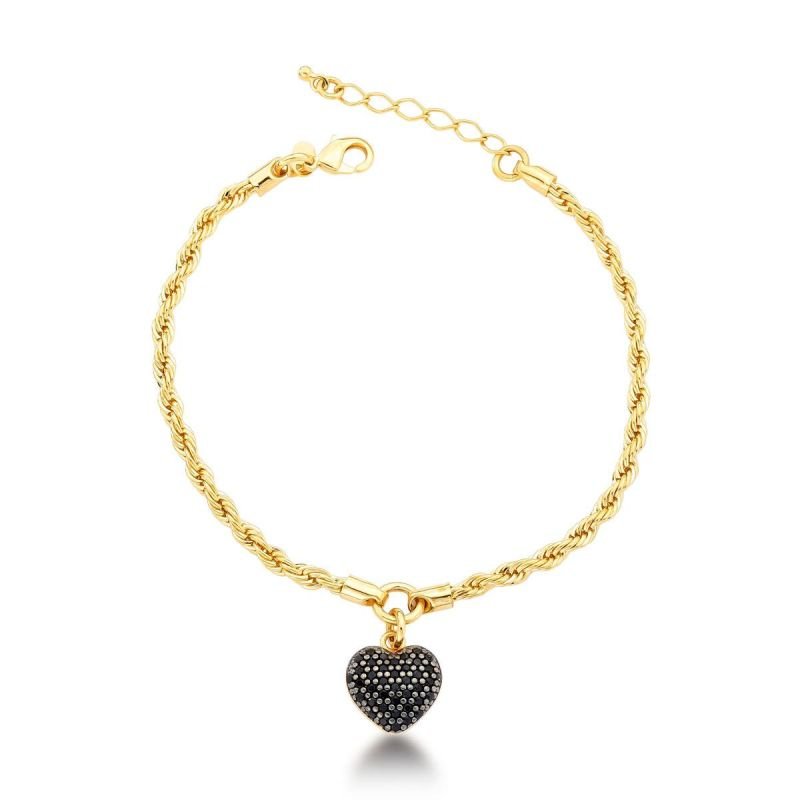 Pulseira Coração Micros Zircônias Negras Banhado a Ouro 18k