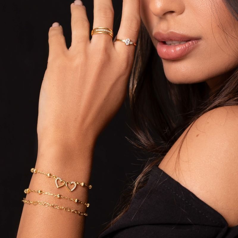 Pulseira Dupla Elo Coração Banhado a Ouro 18k