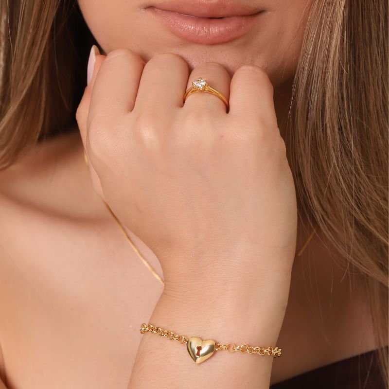 Pulseria Elo Português Coração Cadeado Banhado Ouro 18k